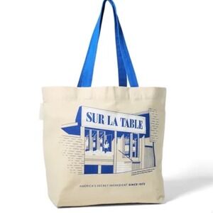 Sur La Table Shopper Tote Canvas Bag Pike Place Market Cream Blue NWT
